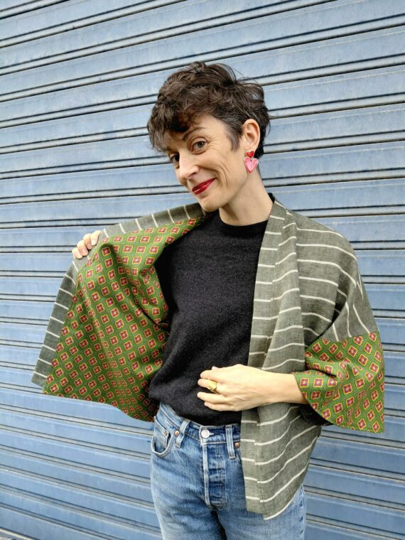 Kimono court réversible motifs losanges verts & lignes