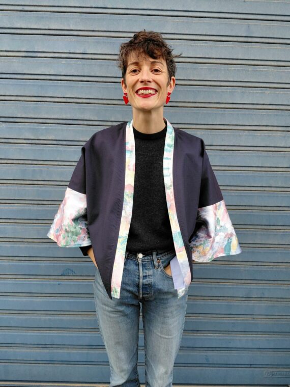 Kimono court réversible bleu nuit carreaux & Ameublement coloré & Coton bleu ciel